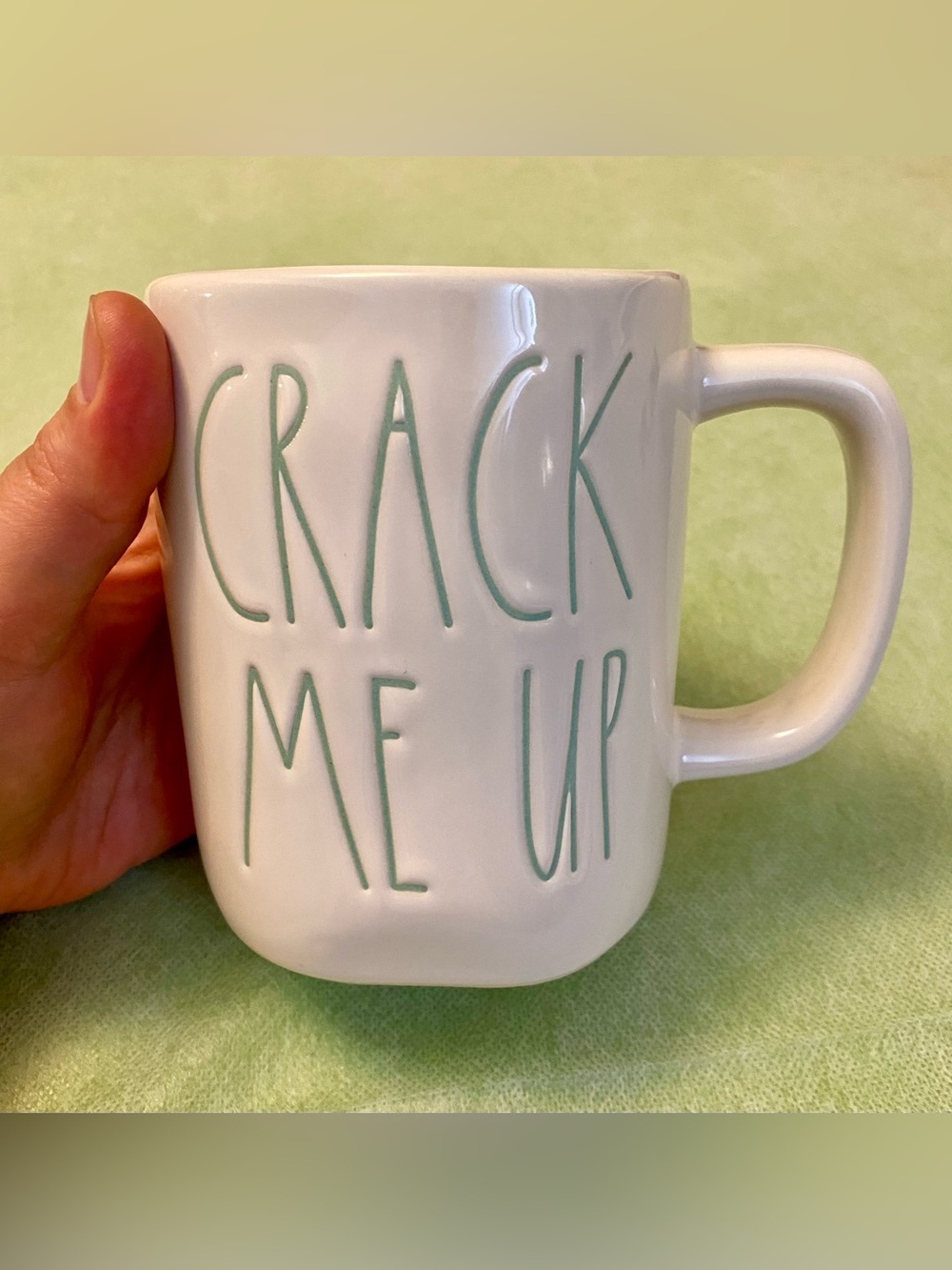 Rae Dunn White Mug with Mint Green Lettering - "Crack Me Up"